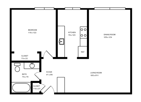 a floor plan of a studio apartment with a bedroom and a living room